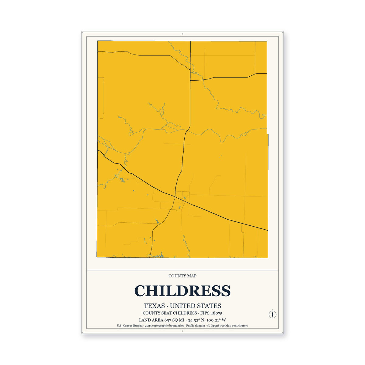 Childress County, Texas Map Aluminum Sign in Citrine Modern style
