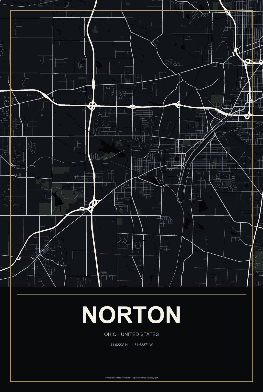 Norton, Ohio City Map Aluminum Sign in Metropolitan Noir style