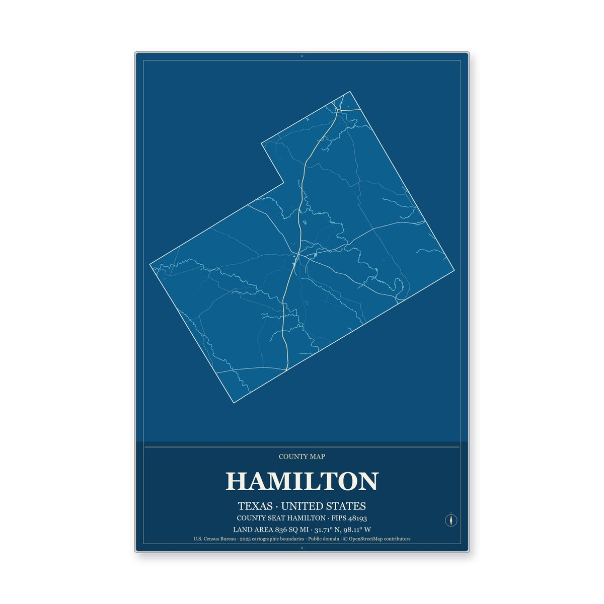 Hamilton County, Texas Map Aluminum Sign in Harbor Cobalt style