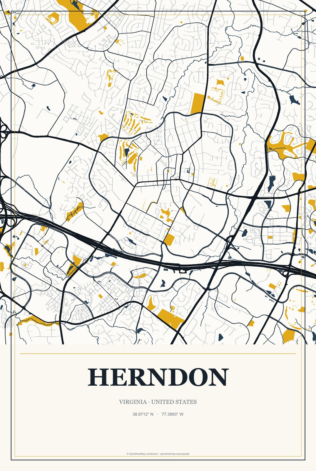 Herndon, Virginia City Map Aluminum Sign in Citrine Modern style