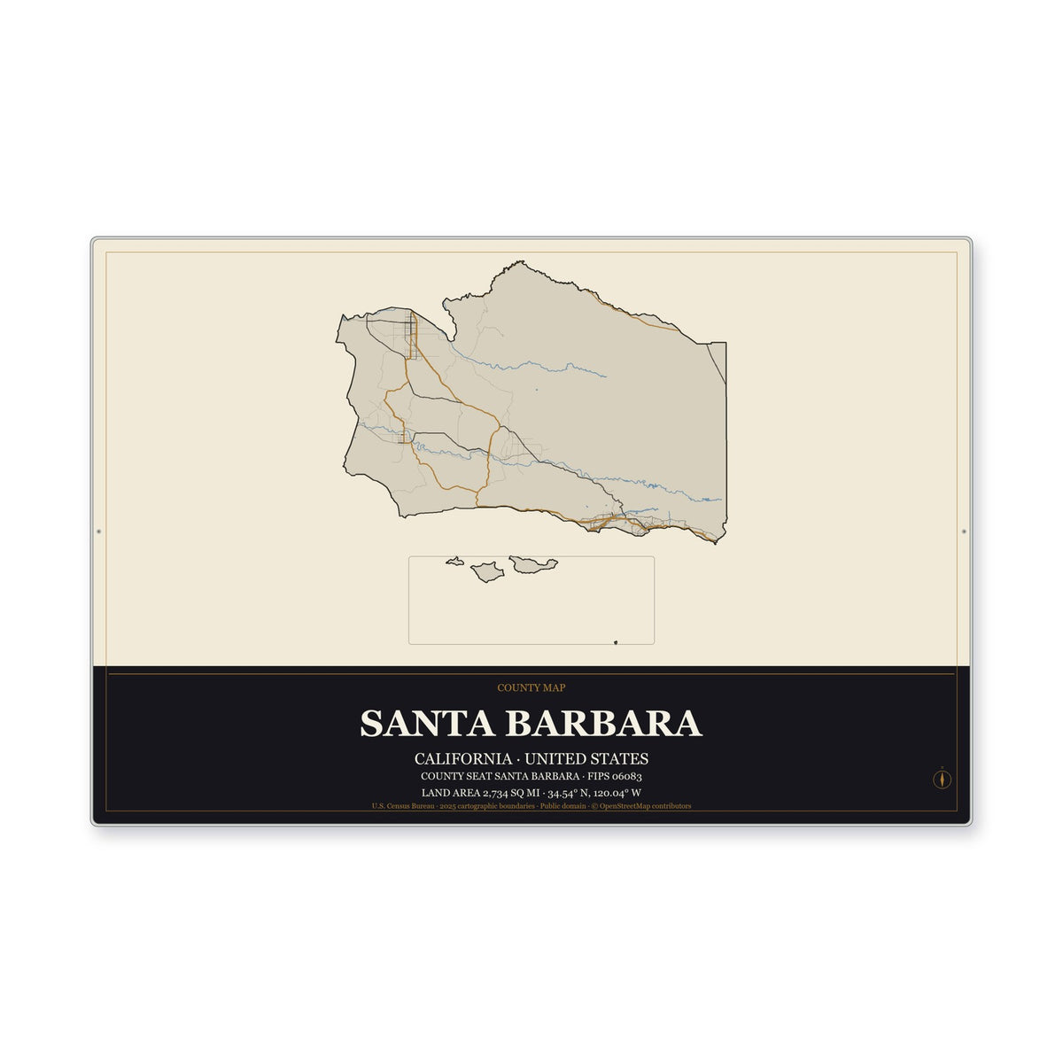 Santa Barbara County, California Map Aluminum Sign in Museum Plaque style