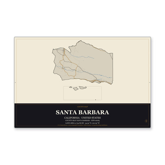 Santa Barbara County, California Map Aluminum Sign in Museum Plaque style