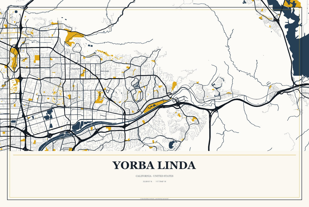 Yorba Linda, California City Map Aluminum Sign in Citrine Modern style