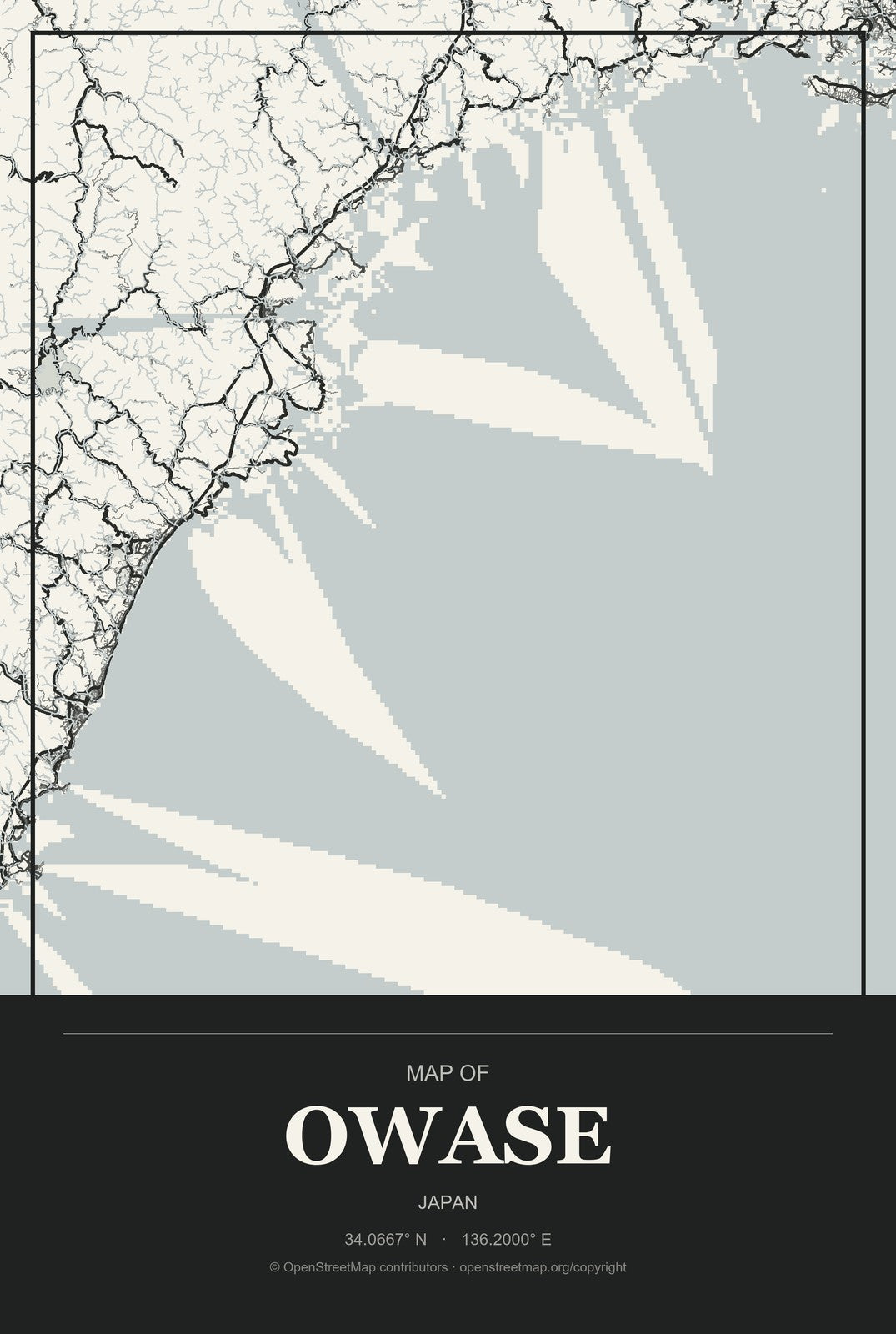 Owase, Japan City Map Aluminum Sign in Museum Plaque style