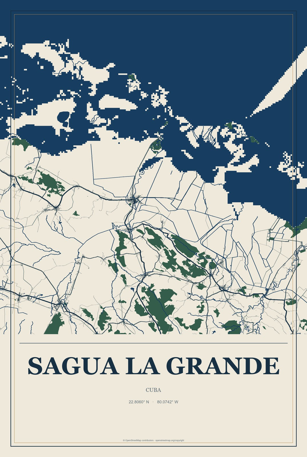 Sagua la Grande, Cuba City Map Aluminum Sign in Coastal Cutout style