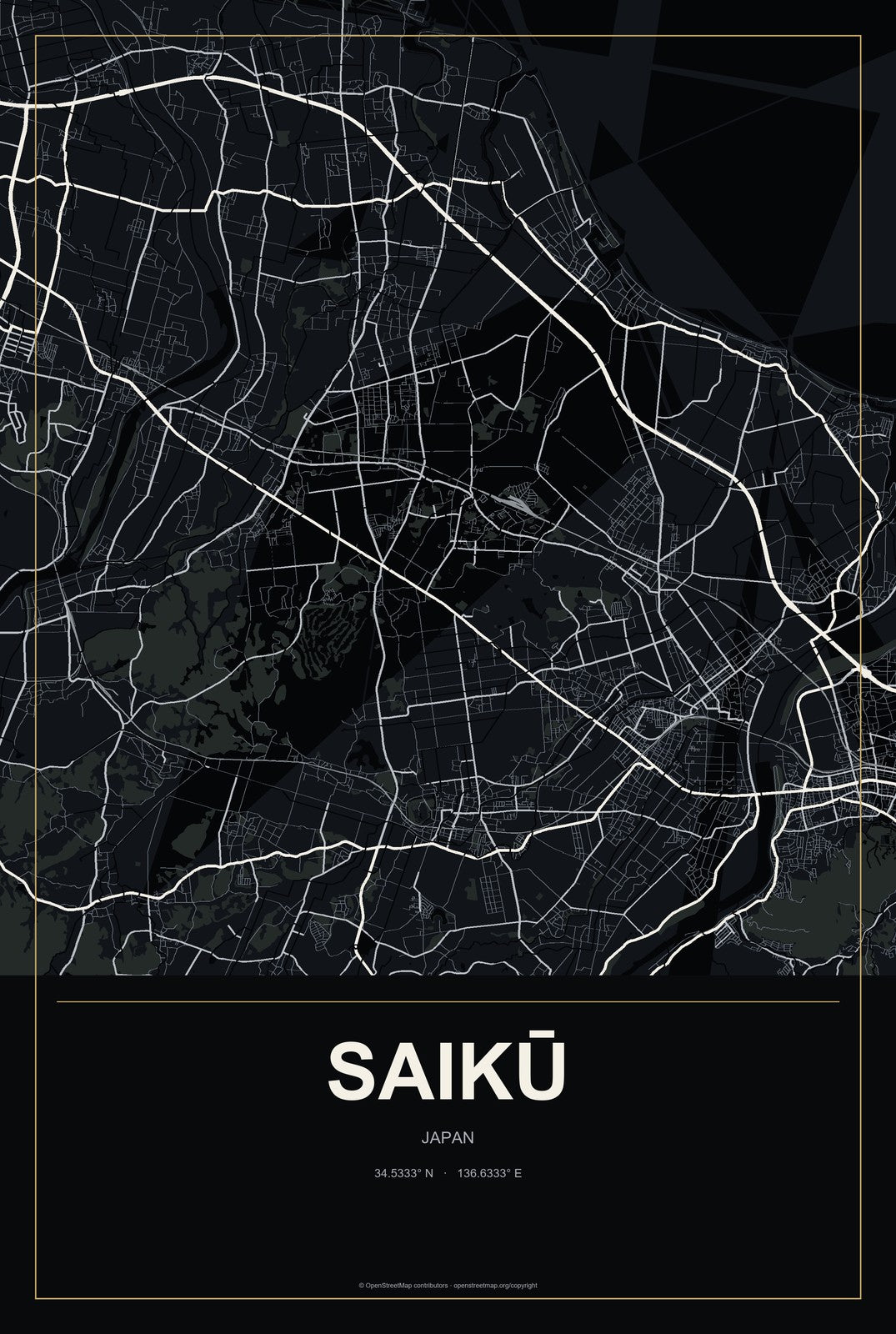 Saikū, Japan City Map Aluminum Sign in Metropolitan Noir style