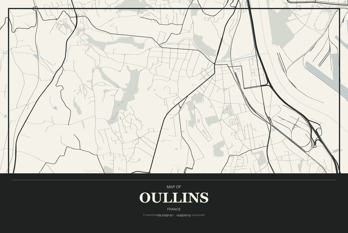 Oullins, France City Map Aluminum Sign in Museum Plaque style