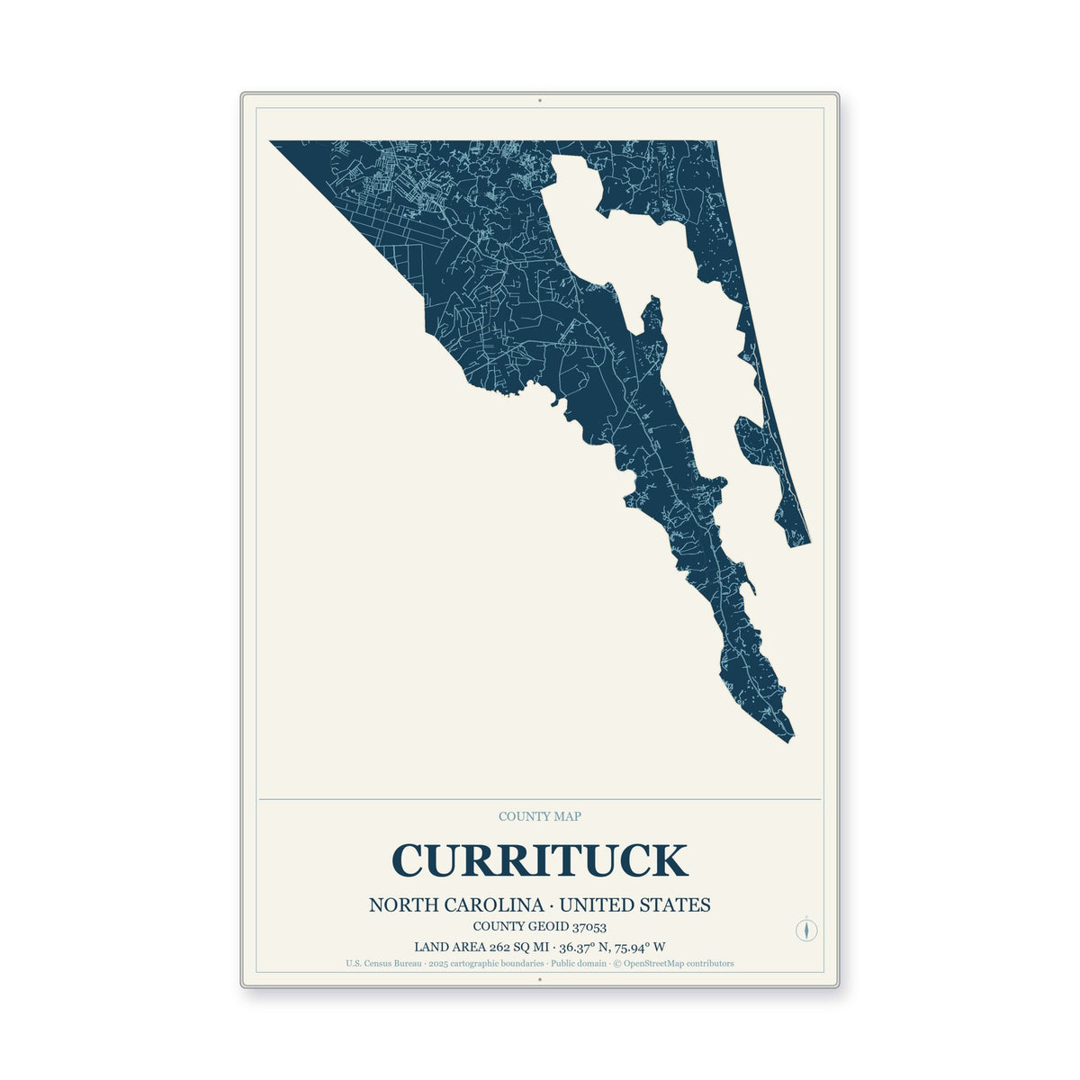 Currituck County, North Carolina Map Aluminum Sign in Coastal Cutout style