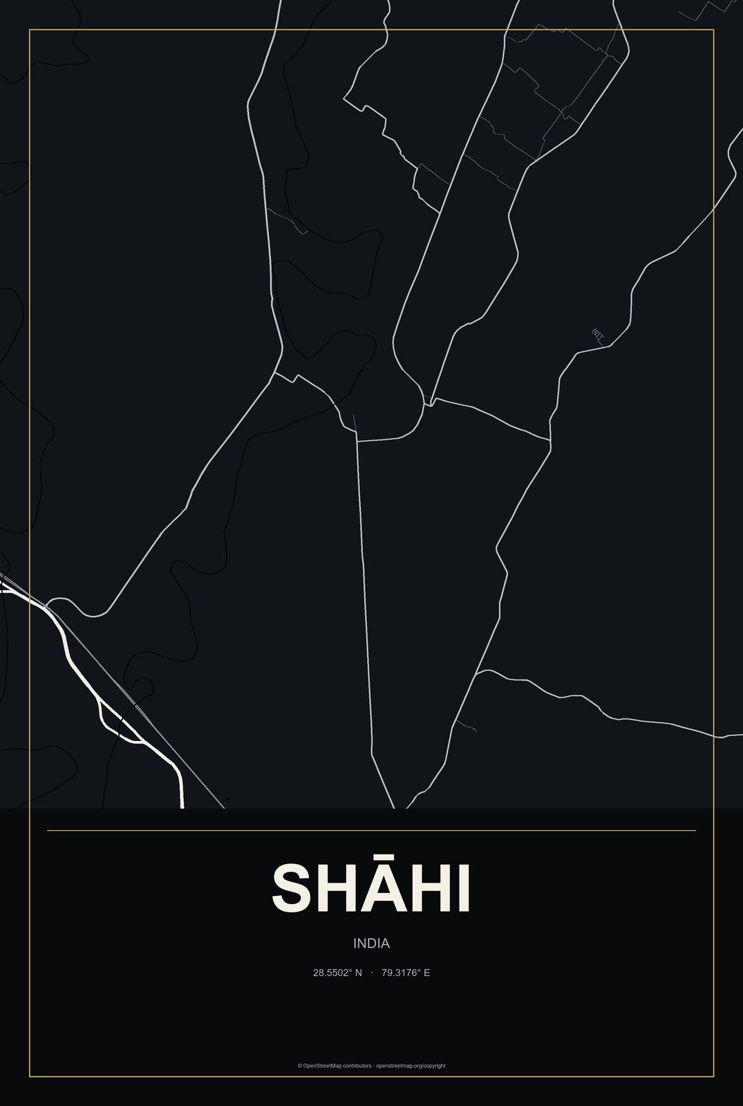 Shāhi, India City Map Aluminum Sign in Metropolitan Noir style