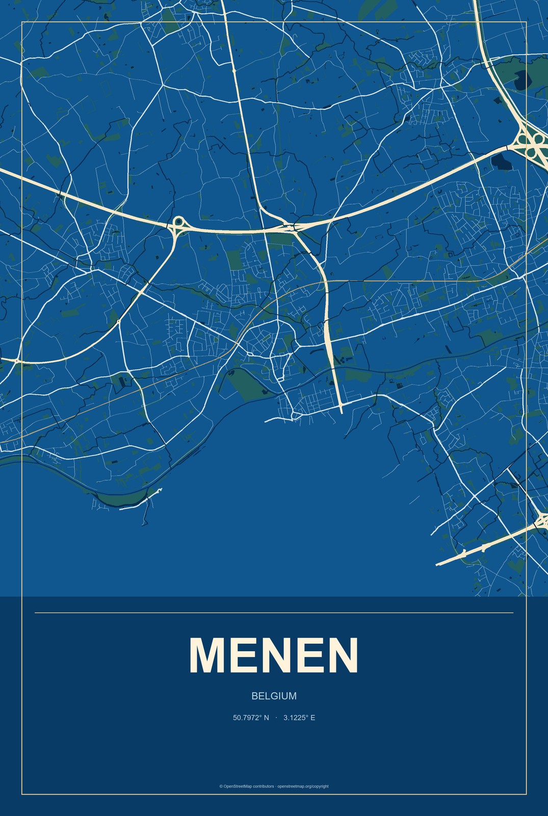 Menen, Belgium City Map Aluminum Sign in Harbor Cobalt style