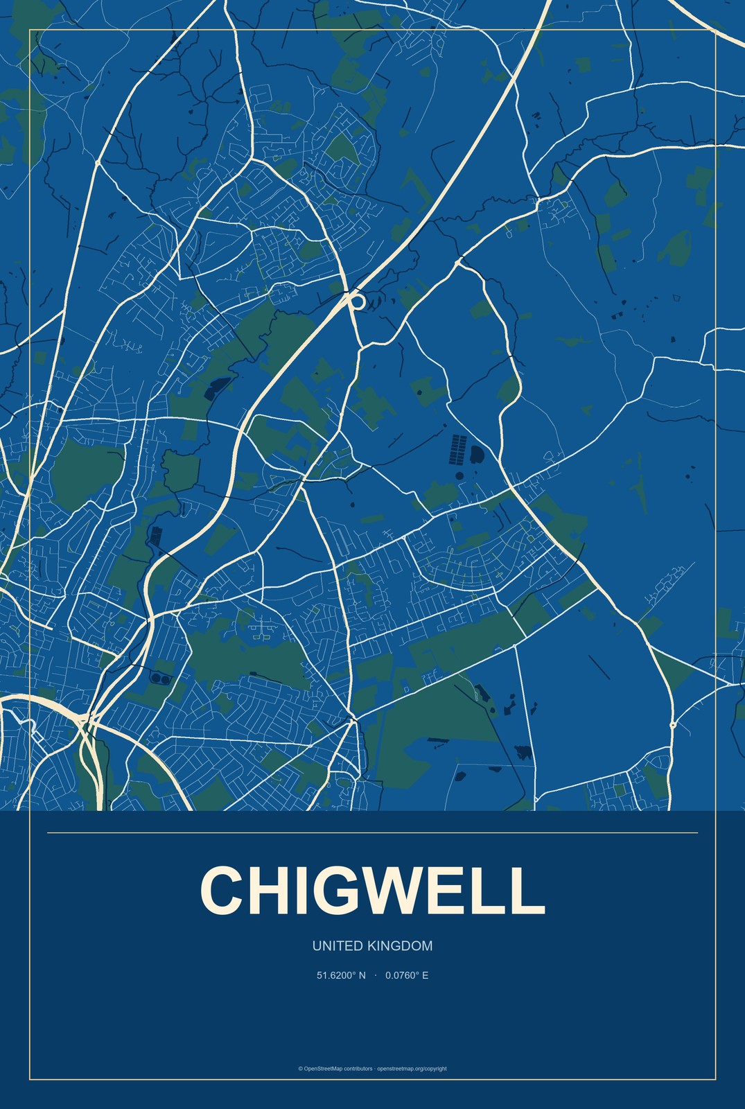 Chigwell, United Kingdom City Map Aluminum Sign in Harbor Cobalt style