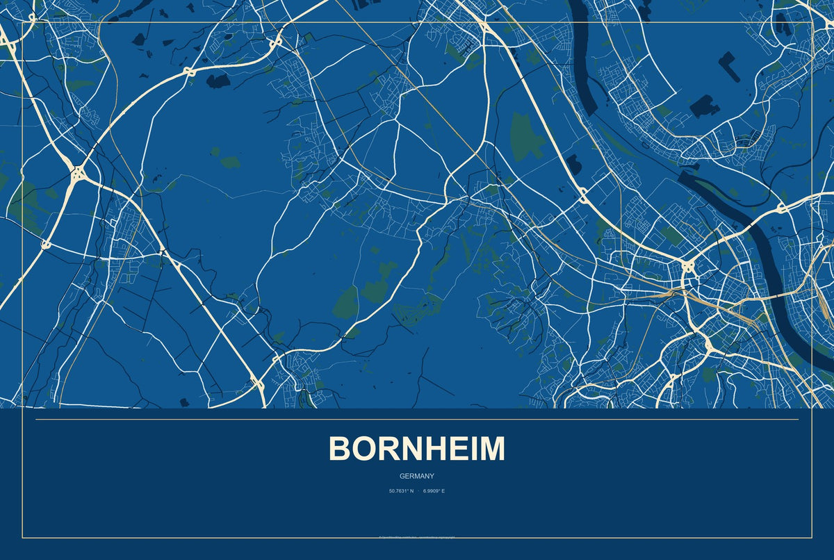 Bornheim, Germany City Map Aluminum Sign in Harbor Cobalt style