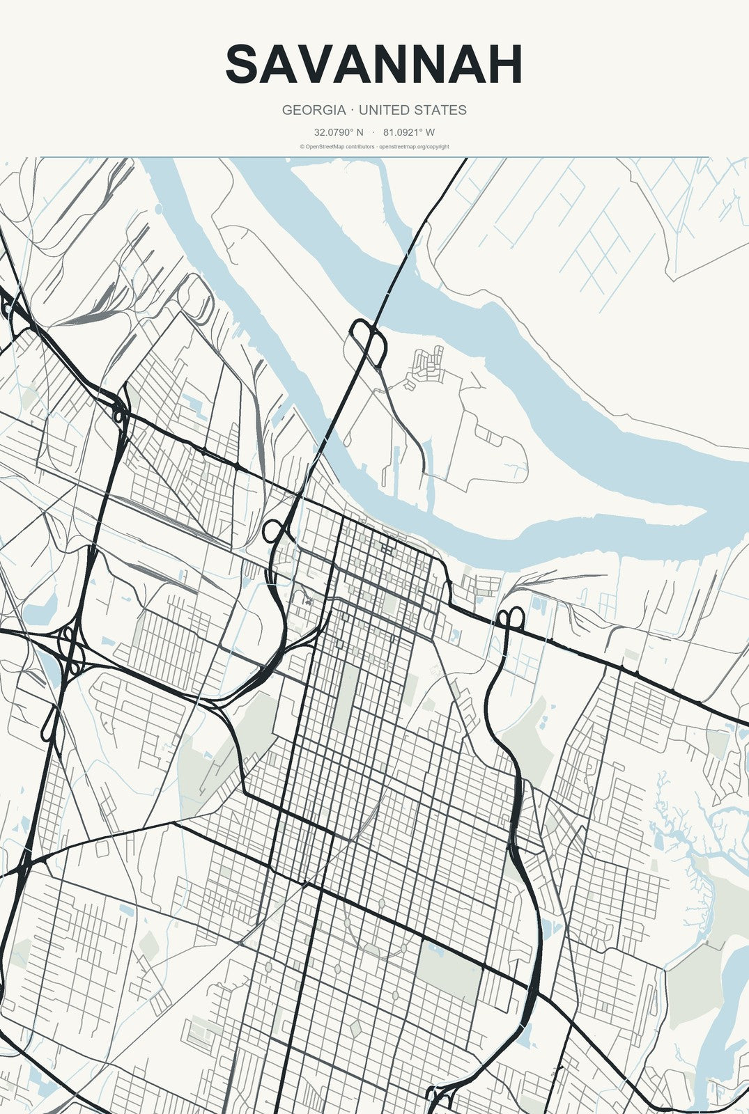 Savannah, Georgia City Map Aluminum Sign in Headline Atlas style