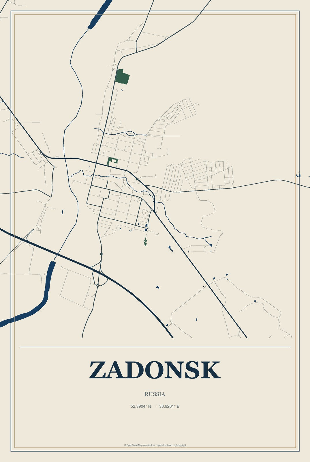 Zadonsk, Russia City Map Aluminum Sign in Coastal Cutout style