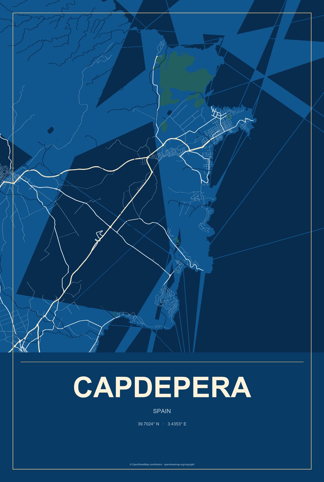 Capdepera, Spain City Map Aluminum Sign in Harbor Cobalt style