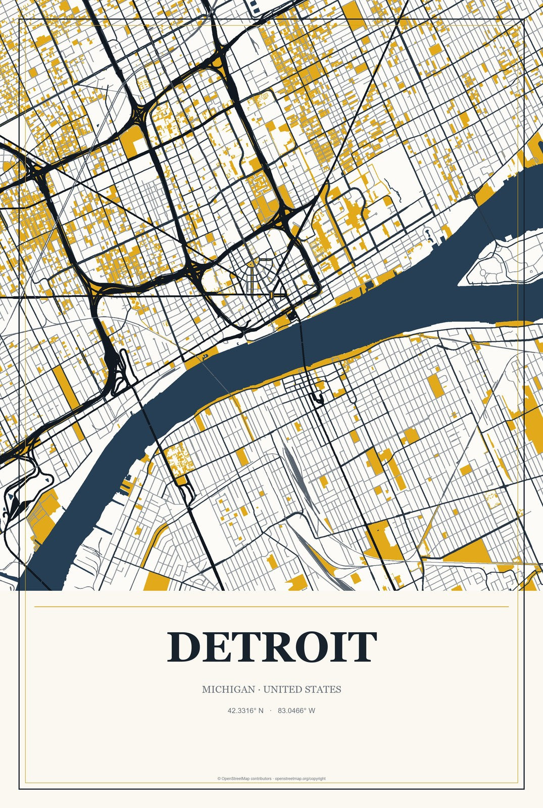 Detroit, Michigan City Map Aluminum Sign in Citrine Modern style