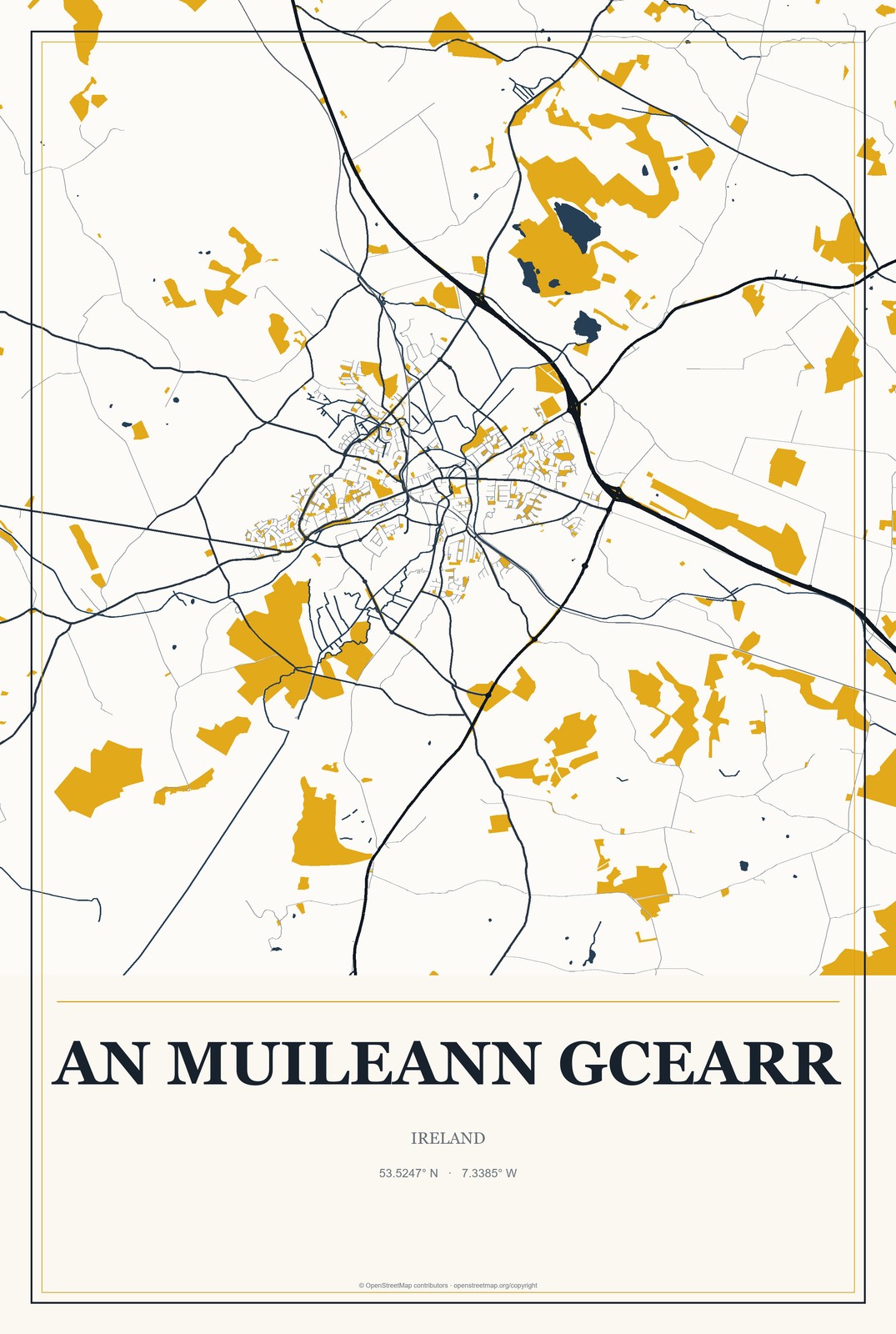 An Muileann gCearr, Ireland City Map Aluminum Sign in Citrine Modern style