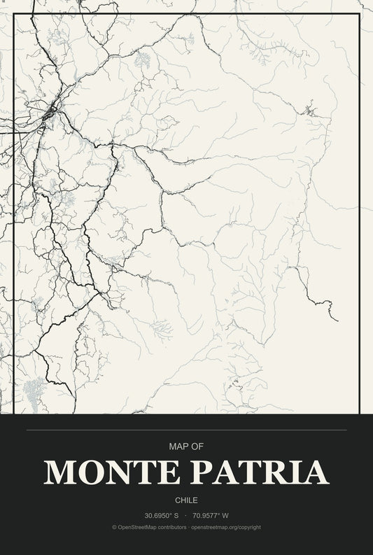 Monte Patria, Chile City Map Aluminum Sign in Museum Plaque style