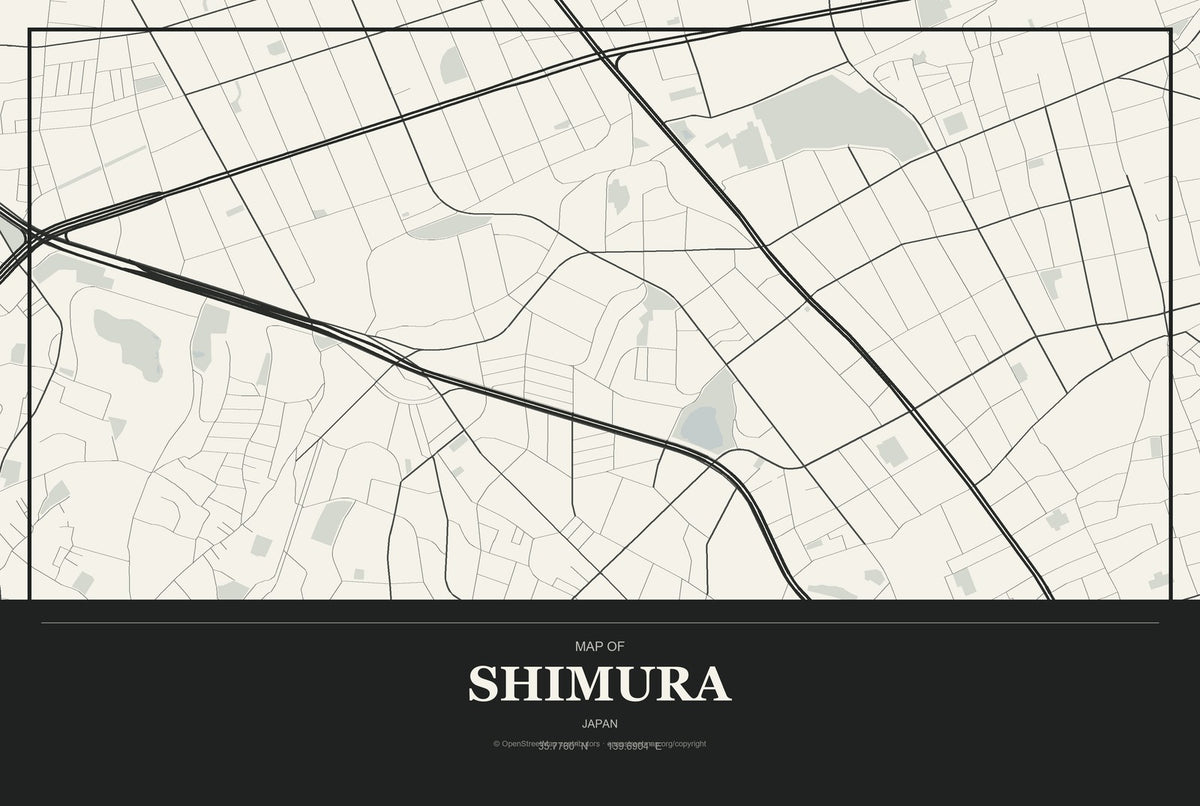 Shimura, Japan City Map Aluminum Sign in Museum Plaque style