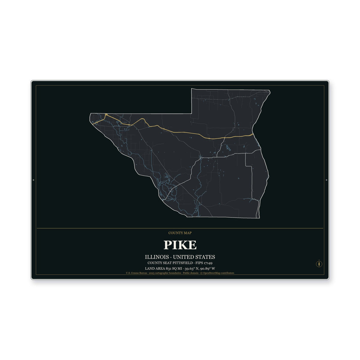 Pike County, Illinois Map Aluminum Sign in Metropolitan Noir style