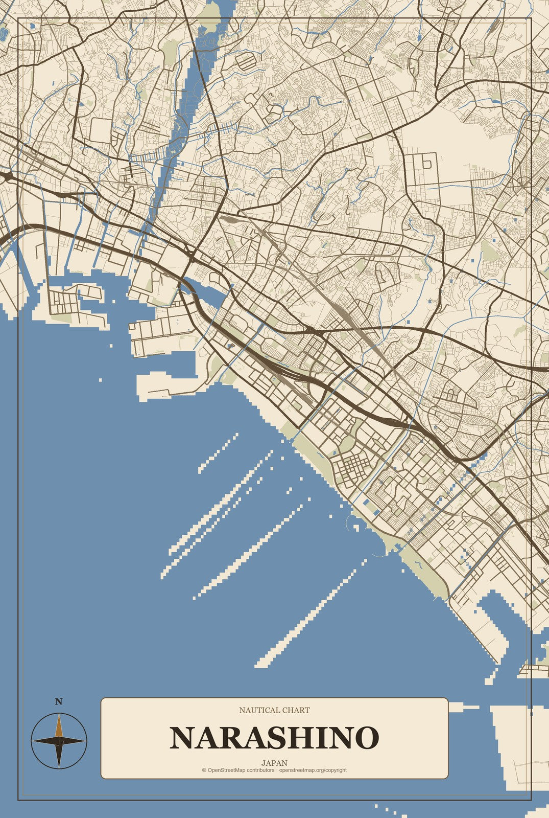 Narashino, Japan City Map Aluminum Sign in Heritage Nautical style