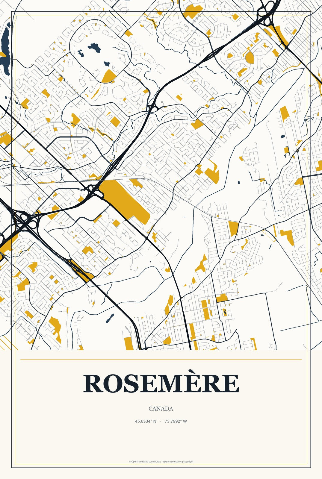 Rosemère, Canada City Map Aluminum Sign in Citrine Modern style