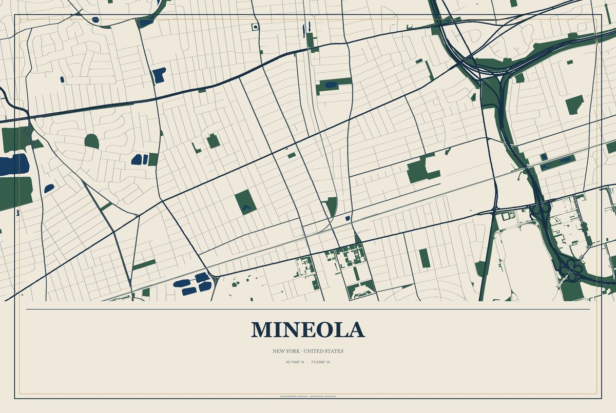 Mineola, New York City Map Aluminum Sign in Coastal Cutout style
