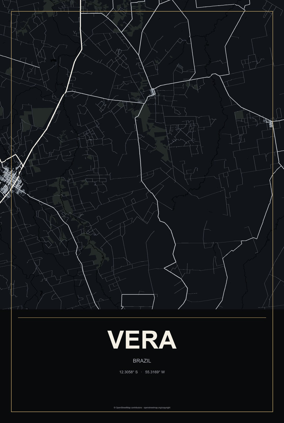 Vera, Brazil City Map Aluminum Sign in Metropolitan Noir style