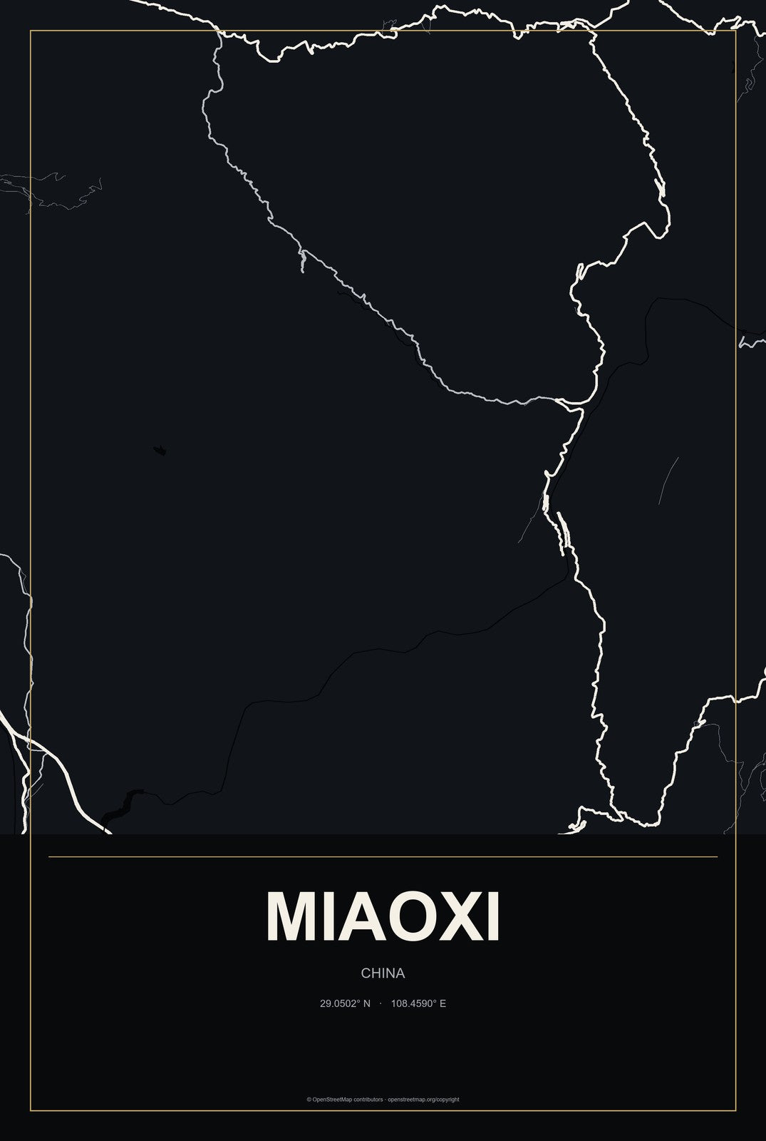 Miaoxi, China City Map Aluminum Sign in Metropolitan Noir style