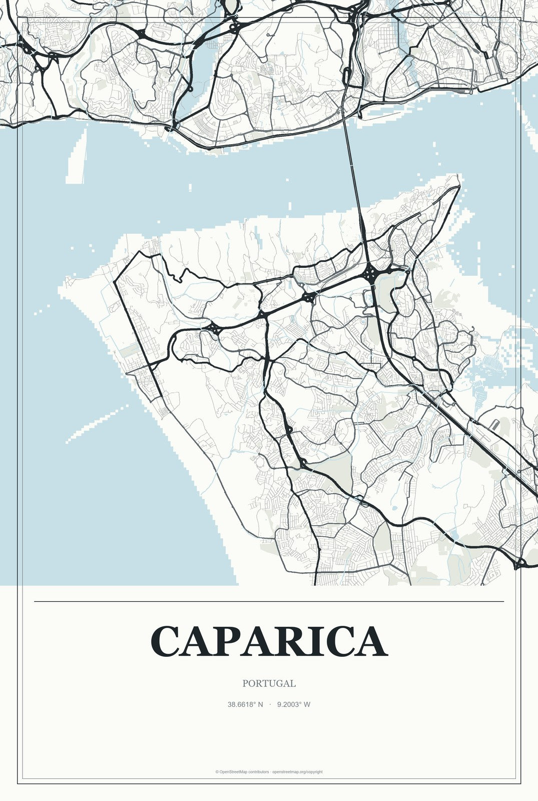 Caparica, Portugal City Map Aluminum Sign in Gallery Air style