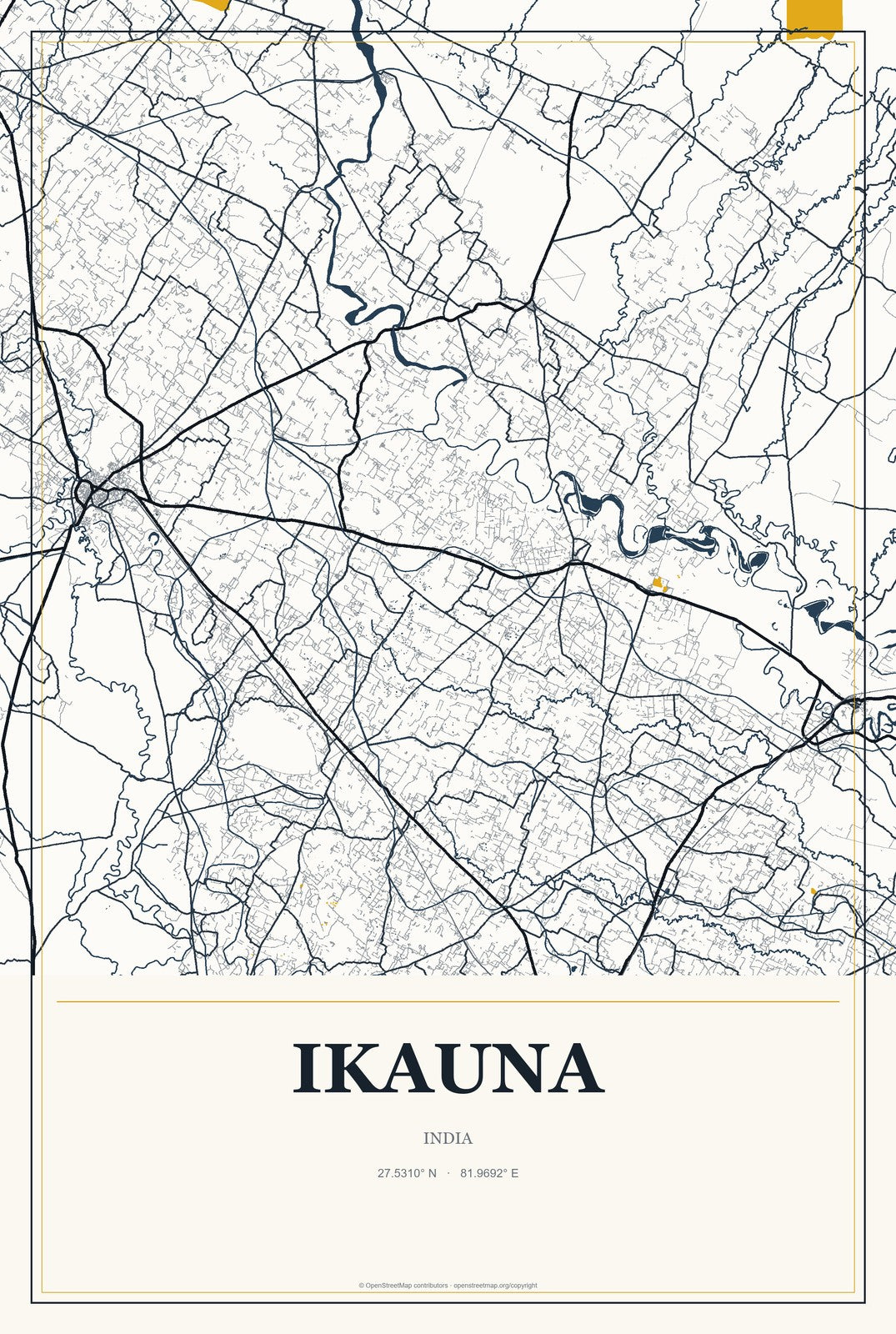 Ikauna, India City Map Aluminum Sign in Citrine Modern style