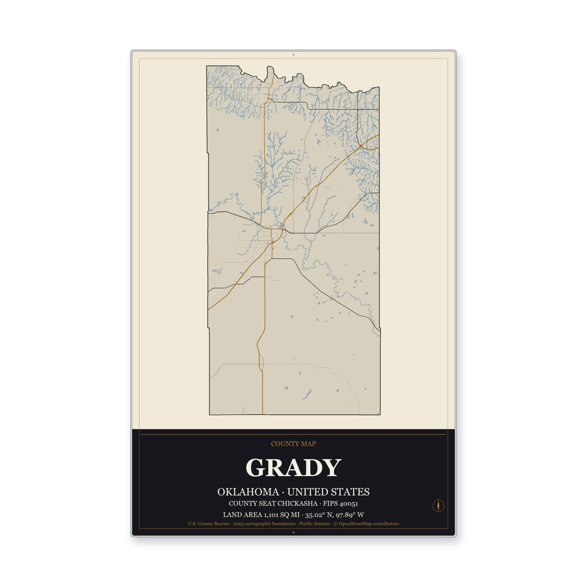 Grady County, Oklahoma Map Aluminum Sign in Museum Plaque style