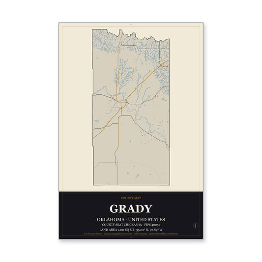 Grady County, Oklahoma Map Aluminum Sign in Museum Plaque style