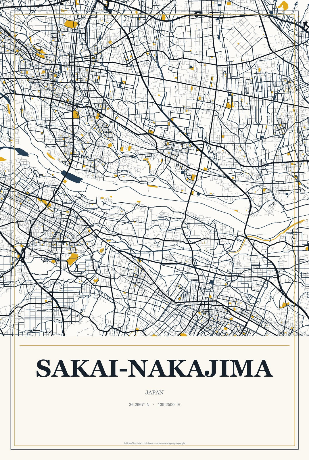 Sakai-nakajima, Japan City Map Aluminum Sign in Citrine Modern style