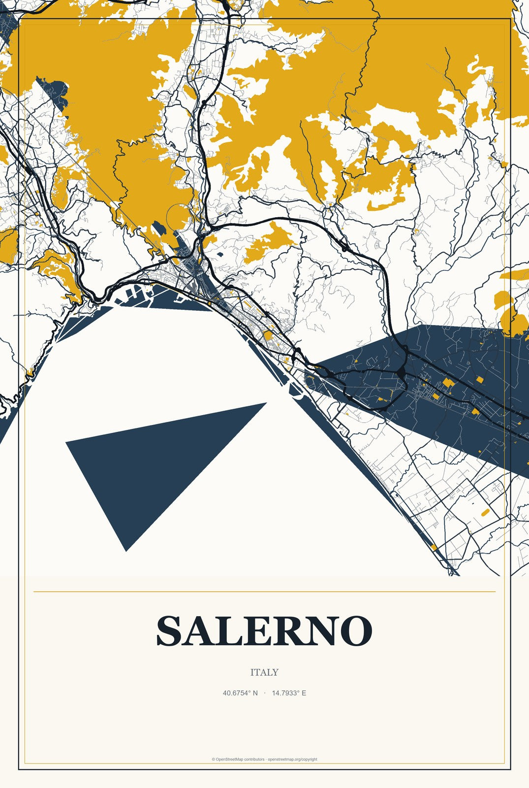 Salerno, Italy City Map Aluminum Sign in Citrine Modern style