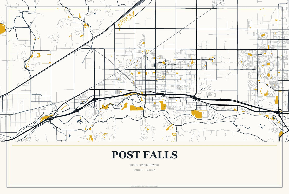 Post Falls, Idaho City Map Aluminum Sign in Citrine Modern style