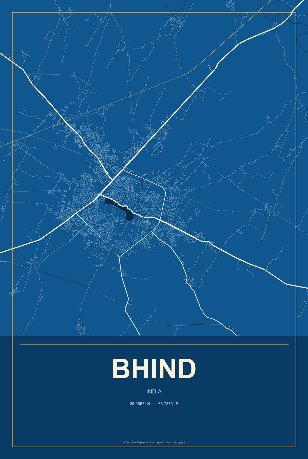 Bhind, India City Map Aluminum Sign in Harbor Cobalt style