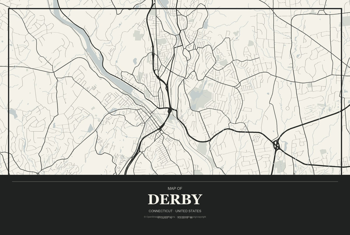 Derby, Connecticut City Map Aluminum Sign in Museum Plaque style