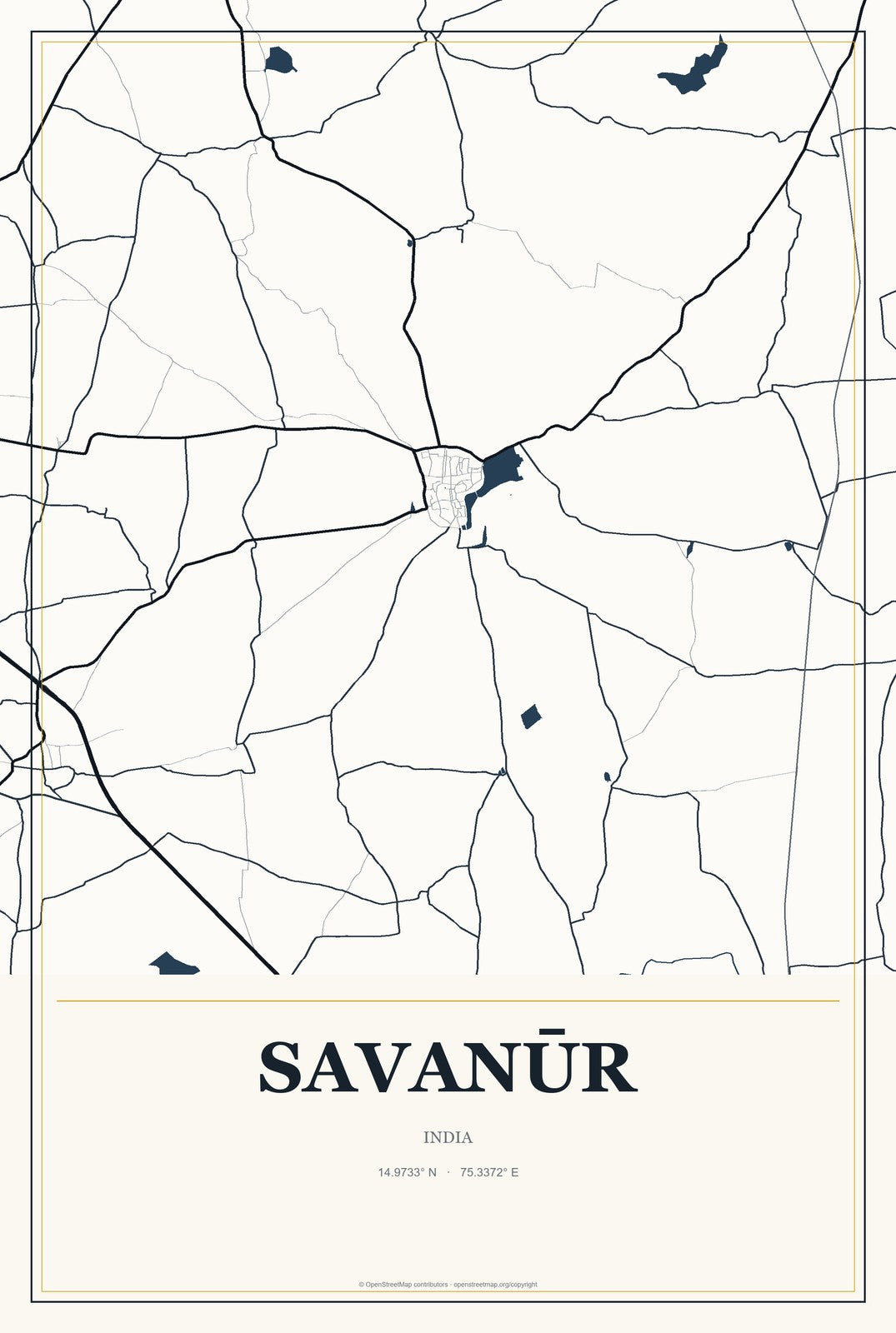 Savanūr, India City Map Aluminum Sign in Citrine Modern style