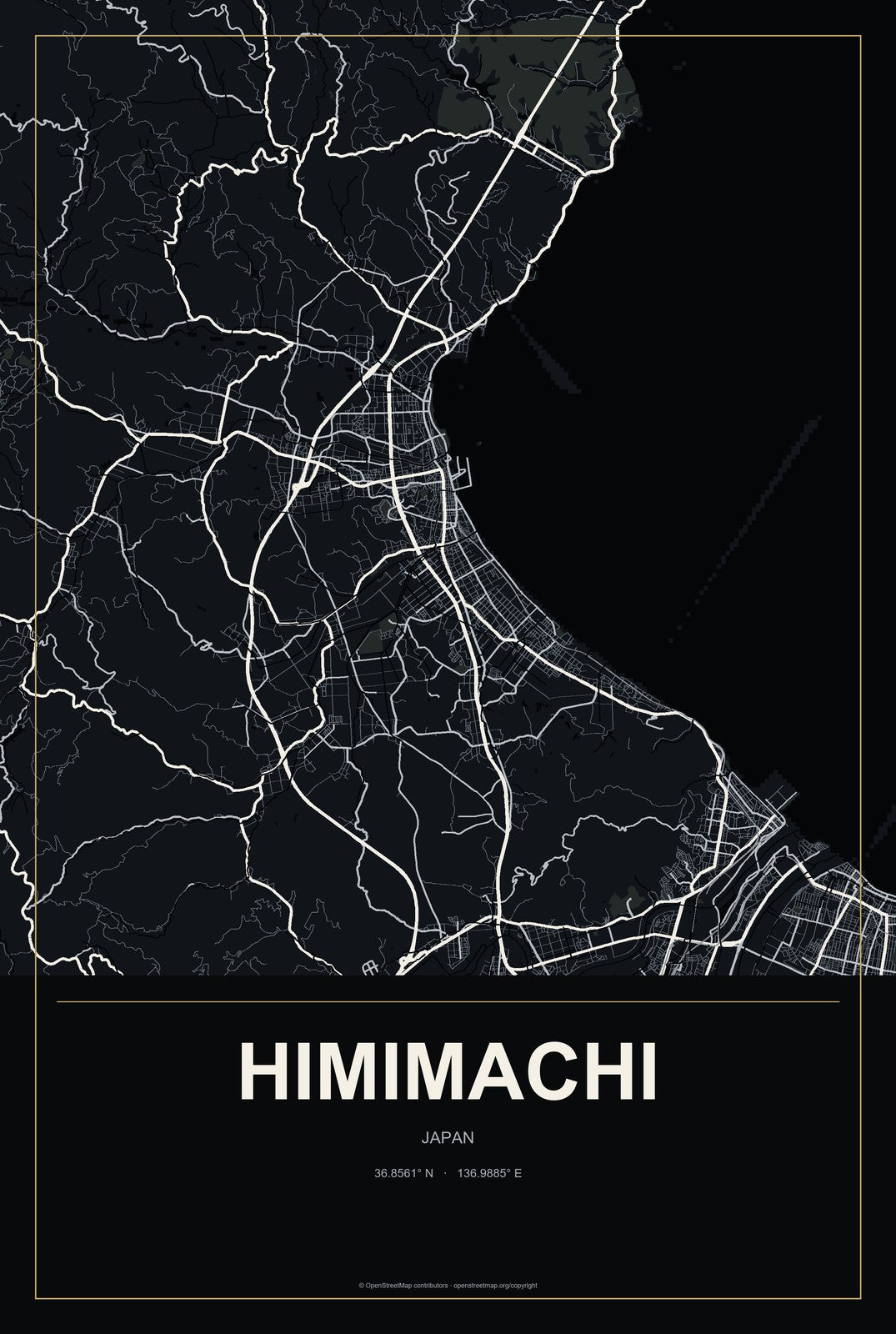 Himimachi, Japan City Map Aluminum Sign in Metropolitan Noir style