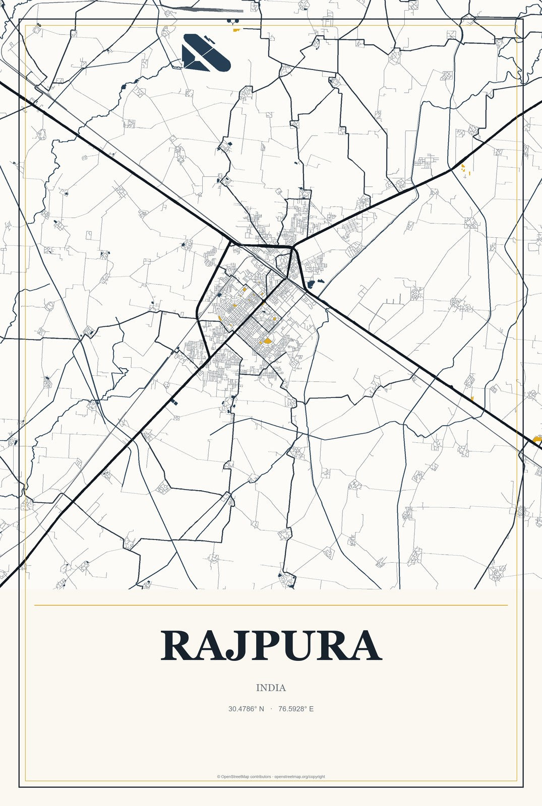 Rajpura, India City Map Aluminum Sign in Citrine Modern style