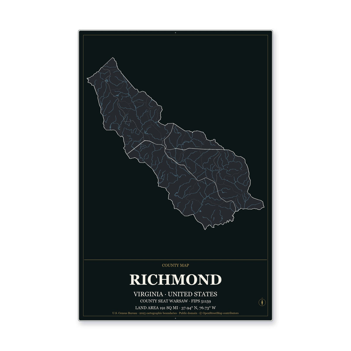 Richmond County, Virginia Map Aluminum Sign in Metropolitan Noir style
