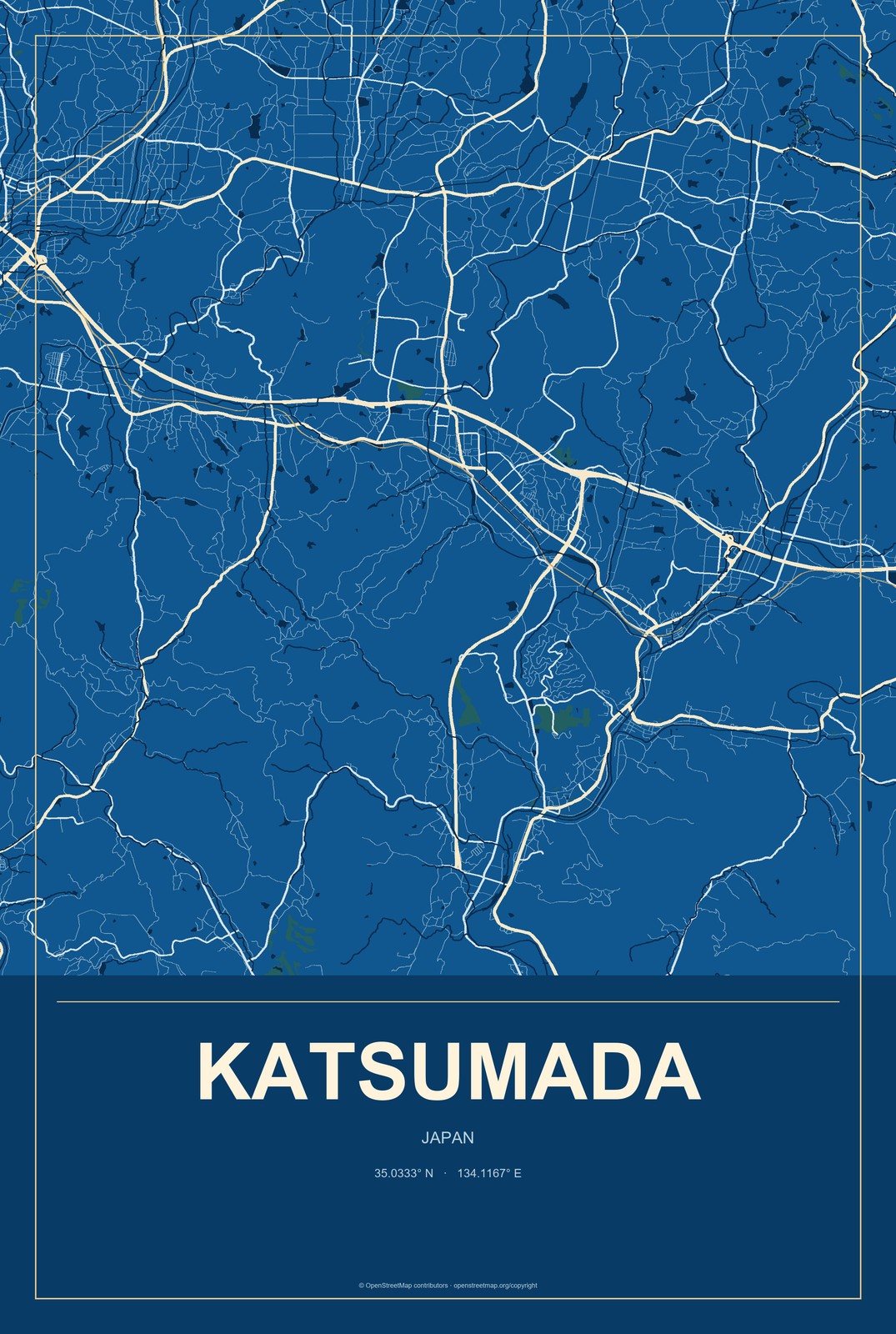 Katsumada, Japan City Map Aluminum Sign in Harbor Cobalt style