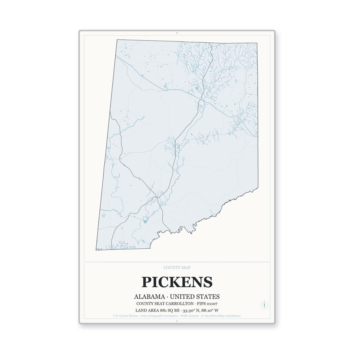 Pickens County, Alabama Map Aluminum Sign in Gallery Air style