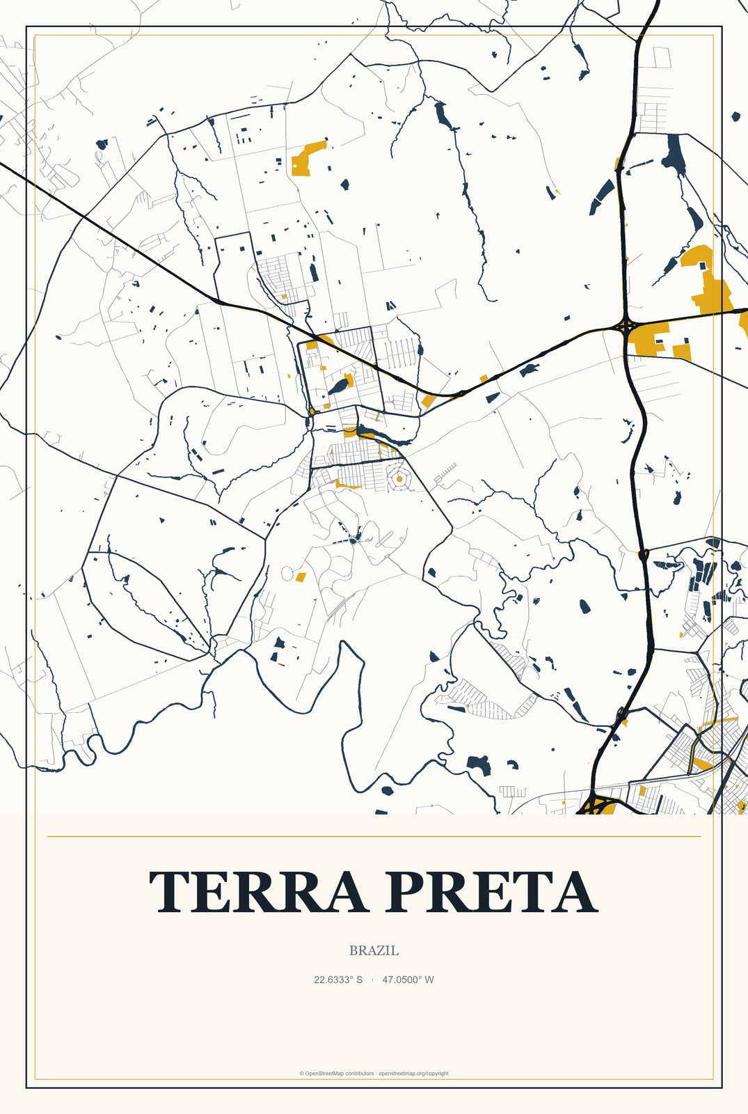 Terra Preta, Brazil City Map Aluminum Sign in Citrine Modern style