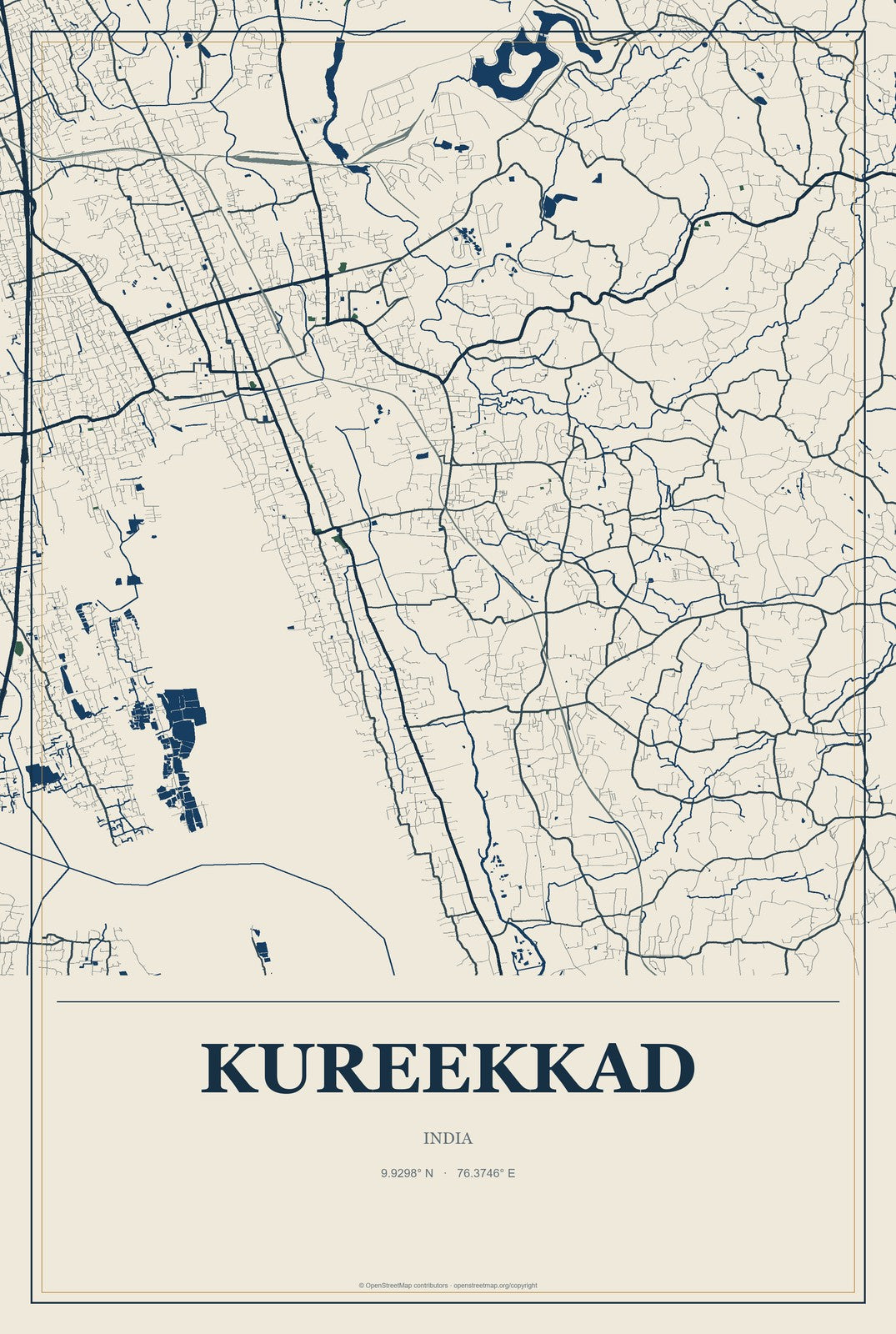 Kureekkad, India City Map Aluminum Sign in Coastal Cutout style