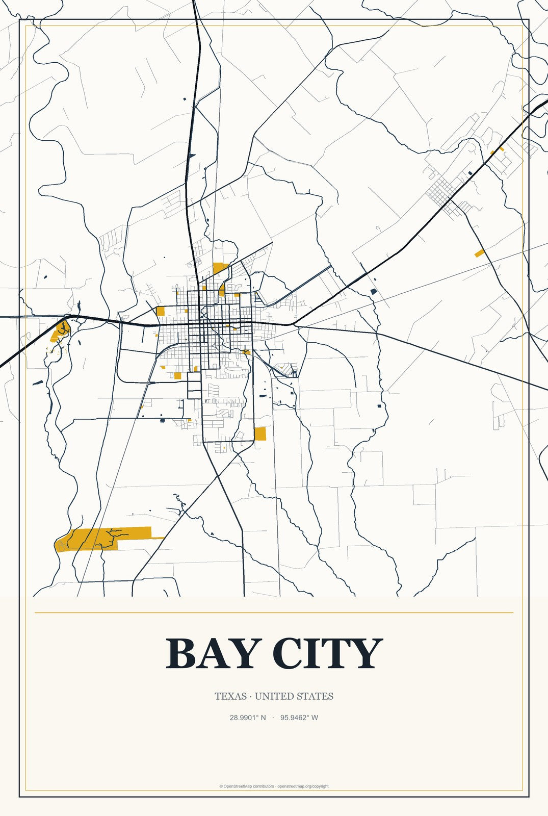 Bay City, Texas City Map Aluminum Sign in Citrine Modern style