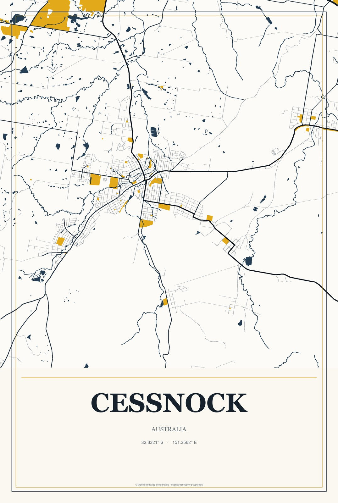 Cessnock, Australia City Map Aluminum Sign in Citrine Modern style