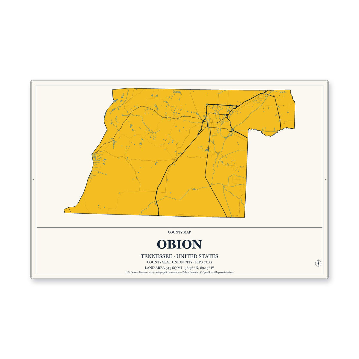 Obion County, Tennessee Map Aluminum Sign in Citrine Modern style