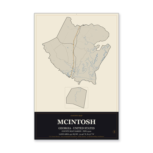 McIntosh County, Georgia Map Aluminum Sign in Museum Plaque style